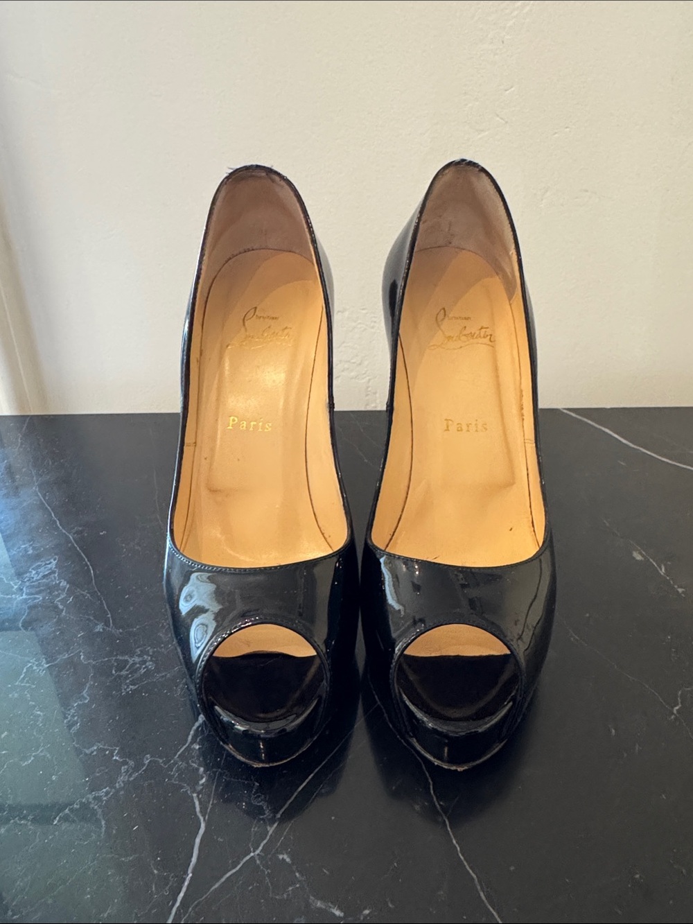 Christian Louboutin Black Patent Peep-Toe Pumps with Platform 40